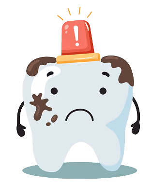 Sad cartoon tooth with cavities and a red warning siren on top.
