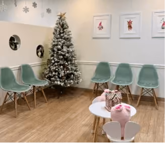 Waiting room with six green chairs, a decorated Christmas tree, a table with pink plush toys, and wall art.