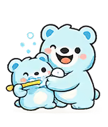 Cartoon polar bear brushing the teeth of a smaller happy polar bear cub.