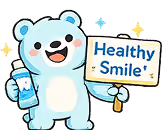 Cartoon blue bear holding a water bottle and a sign that says 'Healthy Smile'.