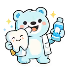 Smiling blue bear holding a large happy tooth and a toothbrush with toothpaste.
