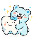 Cute cartoon tooth with blue bow hugged by smiling blue cartoon bear with sparkles around them.