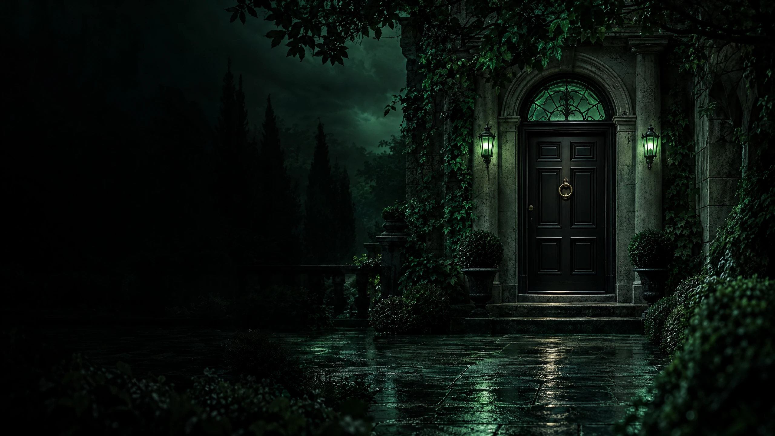 Black Halloween door in an emerald misty courtyard