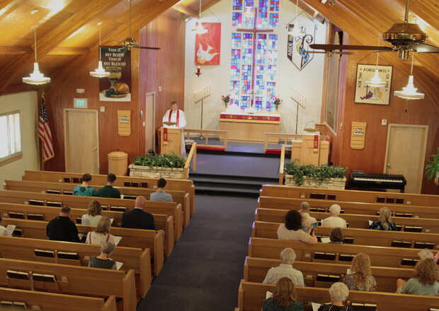 A shot of the sanctuary at Trinity Lutheran Church in Paola, Kansas, taken from the choir loft. 