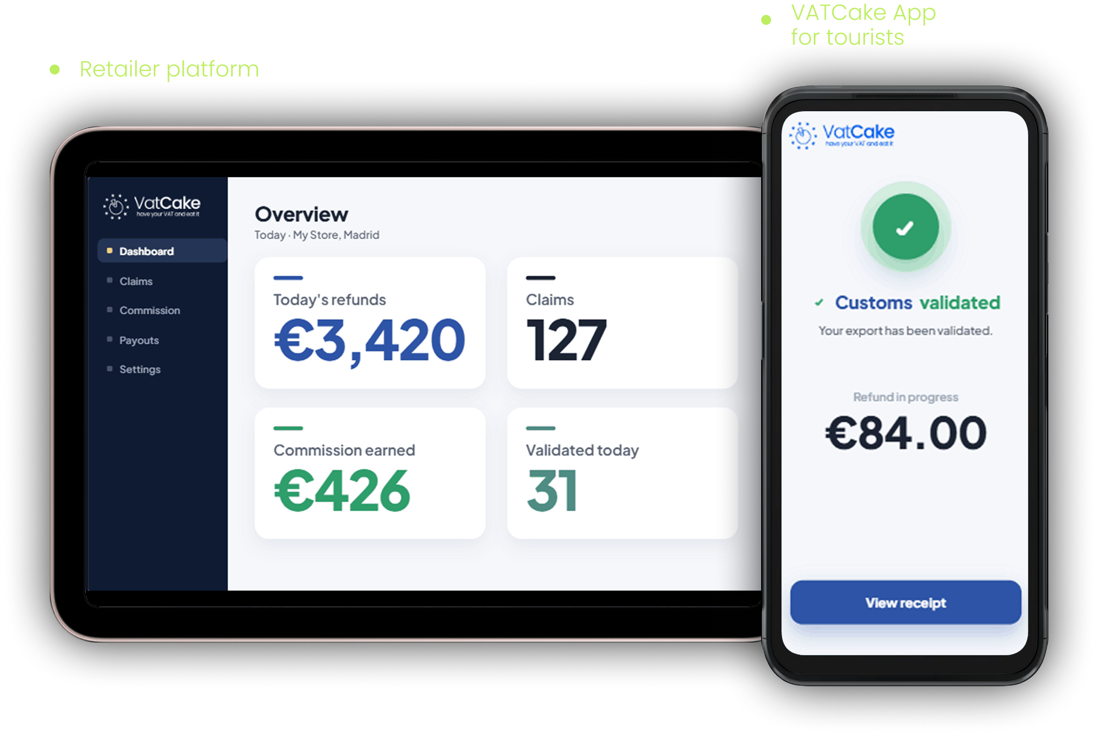 Tablet showing VatCake dashboard with refunds and claims, and phone showing customs validated refund of €84.