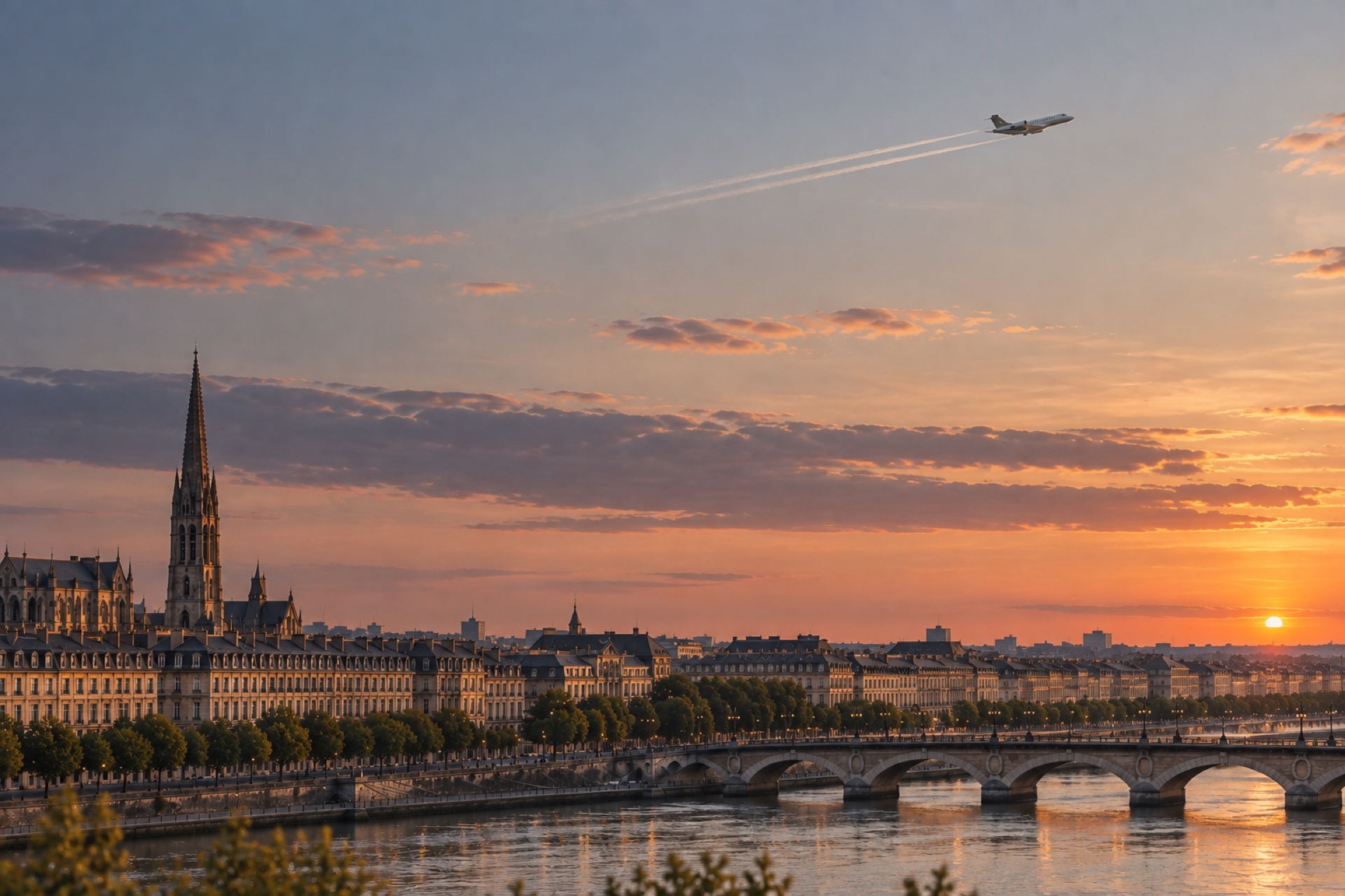 Bordeaux au coucher du soleil, un jet d'affaires au-dessus de la ville