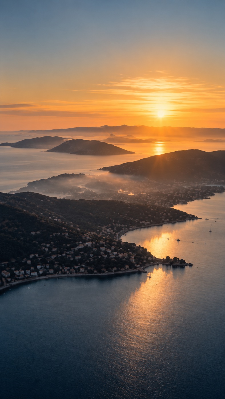 Côte au coucher du soleil vue du ciel