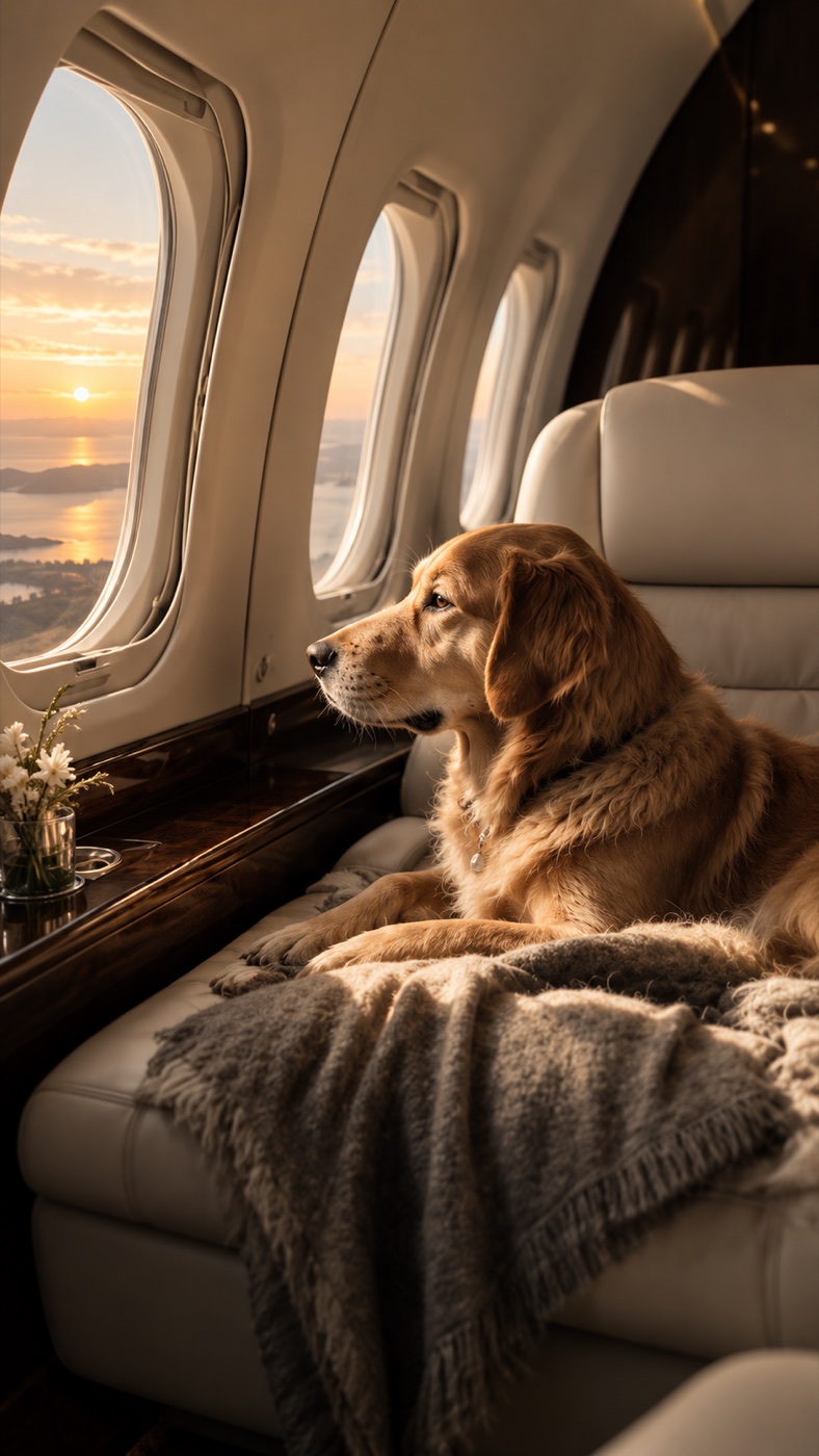 Chien à bord d’un jet privé au coucher du soleil
