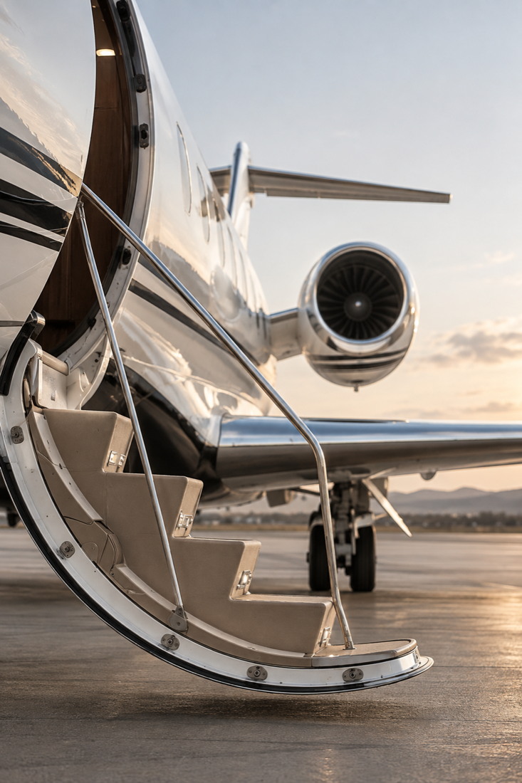 Escalier déployé d’un jet sur le tarmac