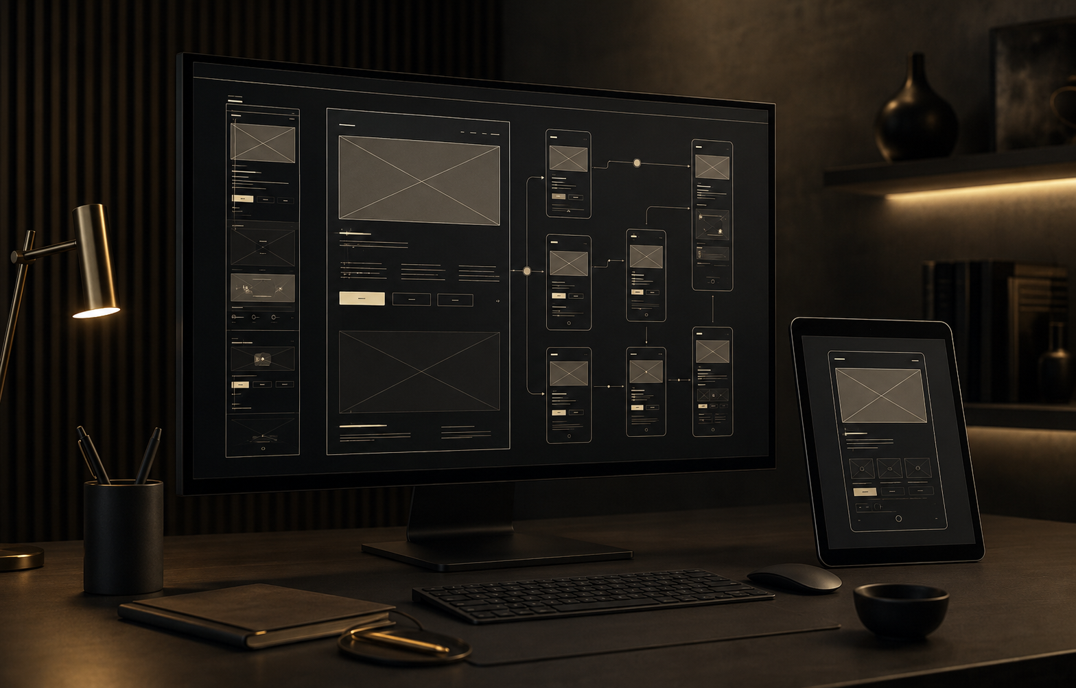 Dark premium workspace showing website wireframes and responsive interface planning on a desktop monitor and tablet.