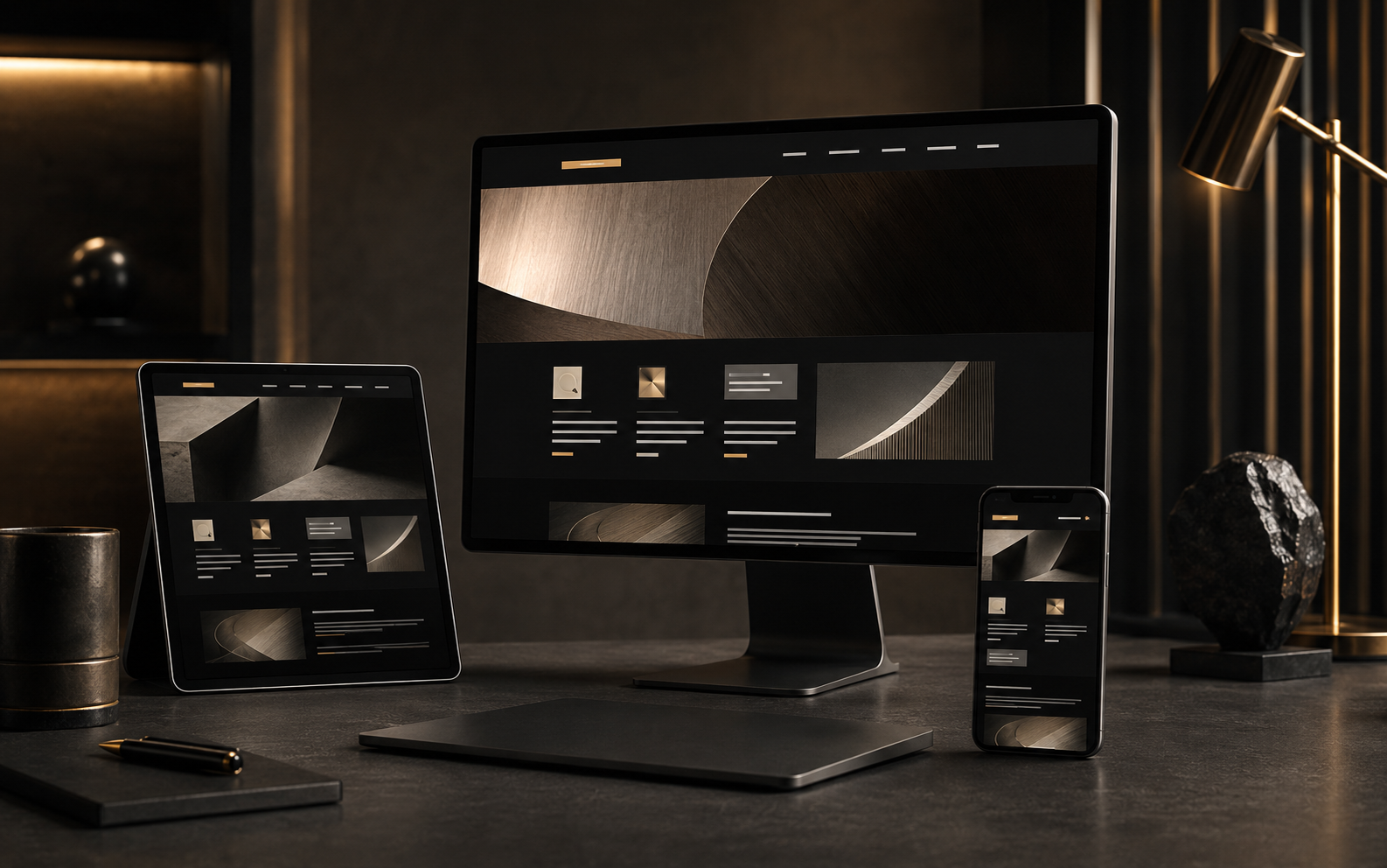 Desktop, tablet and smartphone displaying a coordinated responsive website design in a black and champagne-gold studio.