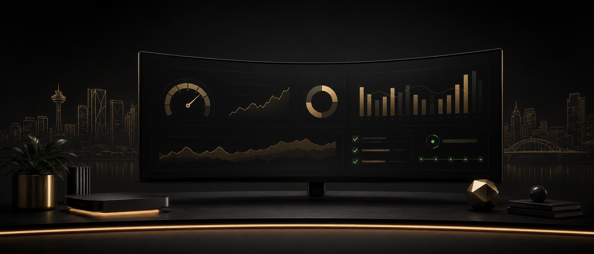 Wide performance dashboard with growth charts and launch indicators against a dark Calgary-inspired skyline.