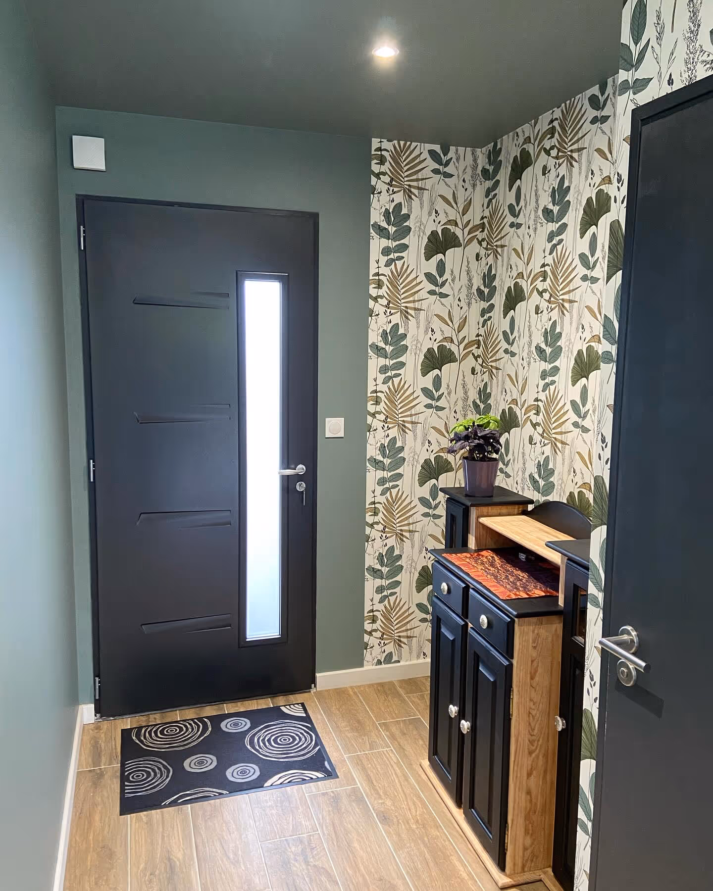 Entrée d'intérieur avec porte noire, tapis à motifs, meuble noir et papier peint à motif feuilles.