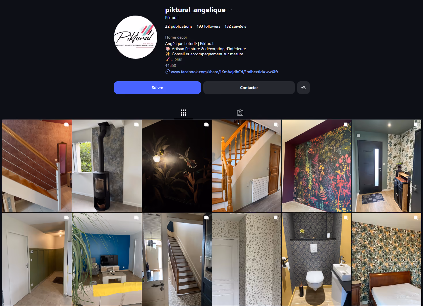 Profil Instagram de piktural_angelique avec décor intérieur et papiers peints variés.
