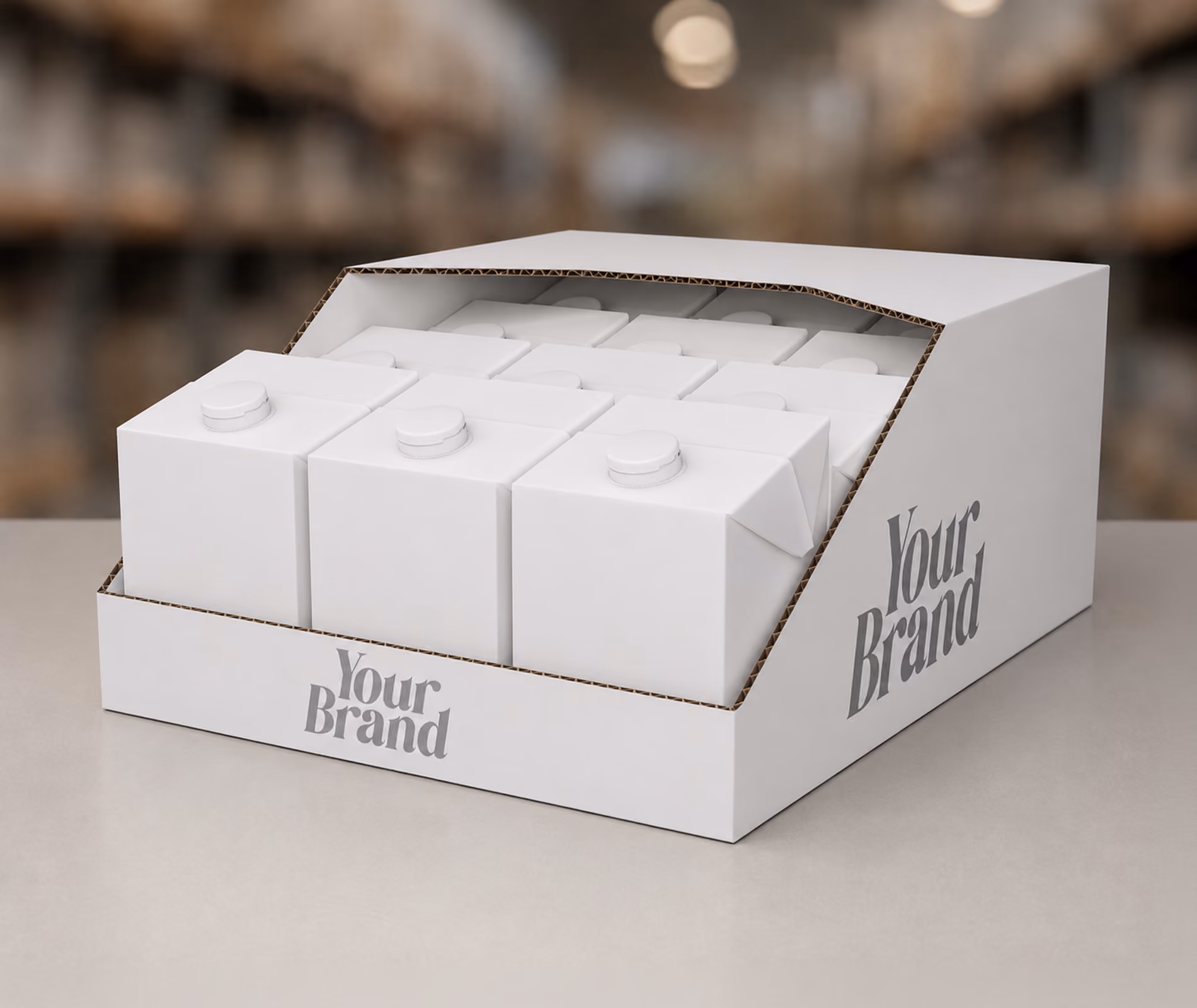 Printed cardboard transport box holding aseptic cartons