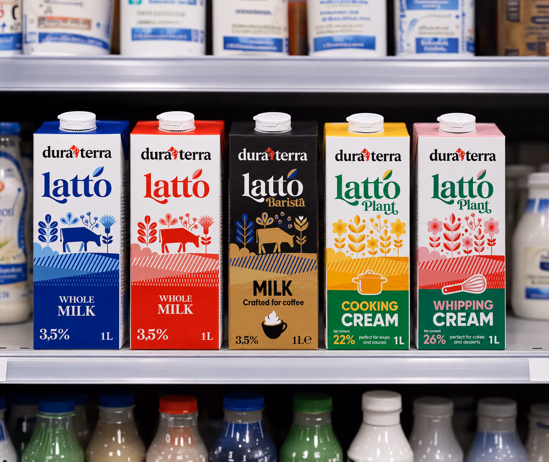 Private-label milk and cream cartons on a retail shelf