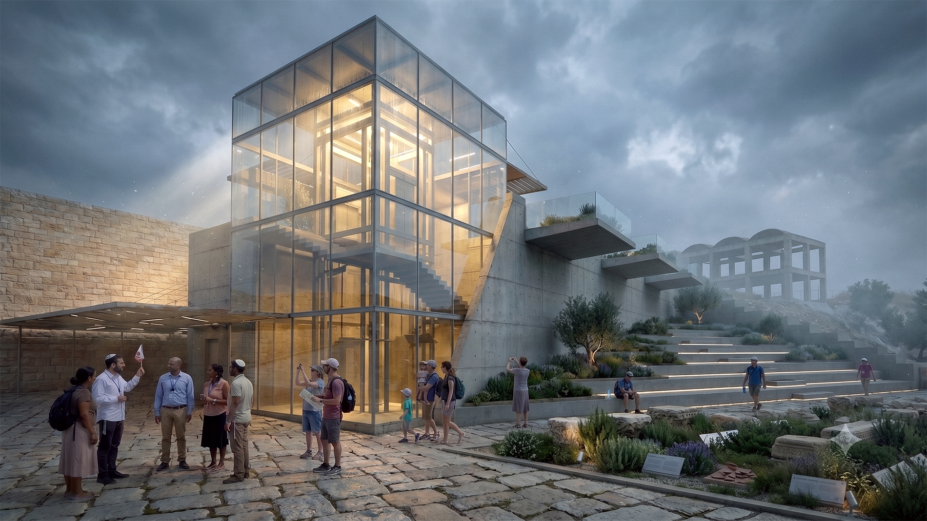 Archaeological Garden Jerusalem, glass circulation volume against concrete wall