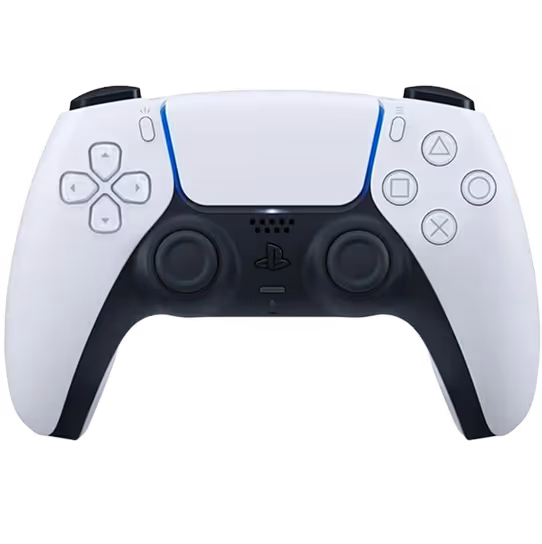 White and black PlayStation 5 DualSense wireless controller with buttons and analog sticks.