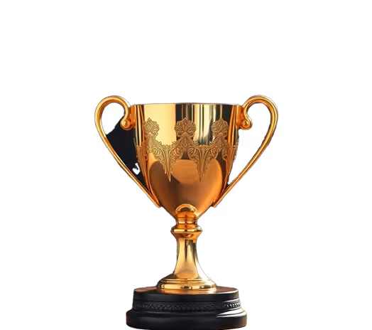 Golden trophy cup with ornate details on a black base against a transparent background.