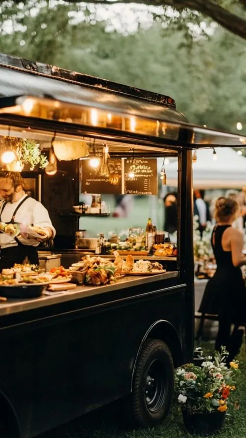 Voedselwagen bij evenementen met een kok die warme maaltijden serveert, en mensen op de achtergrond.