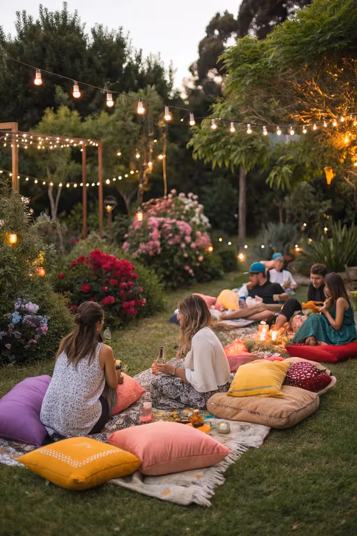Groep mensen zit ’s avonds op kleurrijke kussens in de tuin onder sfeerverlichting en omringd door bloeiende struiken.