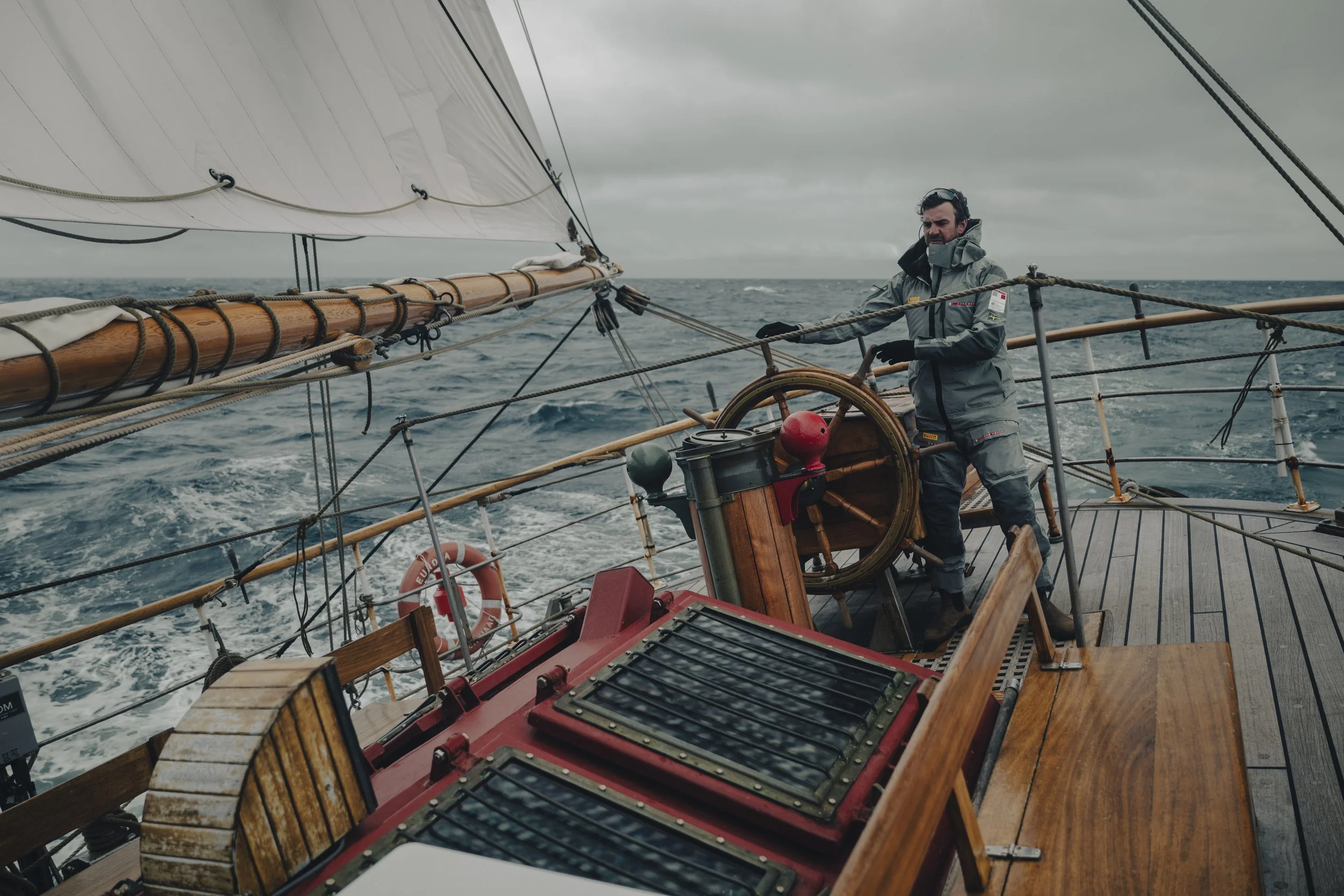 Niccolò Banfi sailing a tall ship through rough ocean
