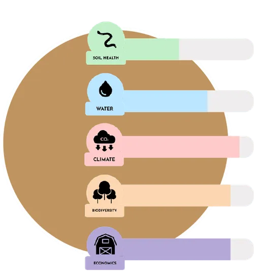 Bar chart with five categories: Soil Health, Water, Climate, Biodiversity, and Economics, each represented by icons and colored bars of varying lengths on a brown circular background.