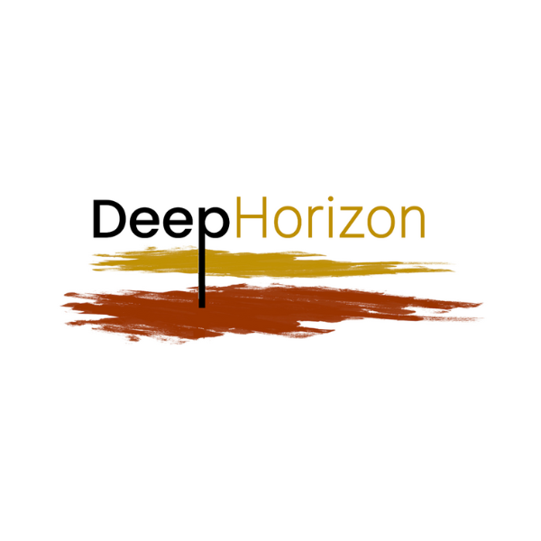 Logo with text 'DeepHorizon' where 'Deep' is in black and 'Horizon' is in gold, above horizontal gold and brown brush strokes separated by a vertical black line.