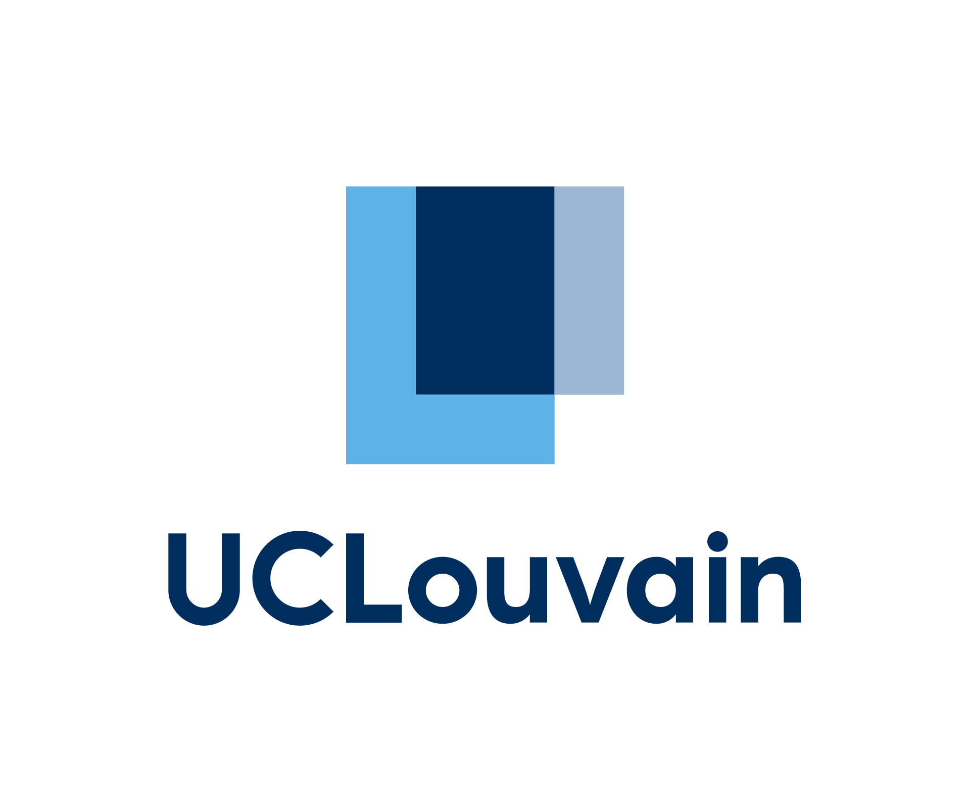 Logo of UCLouvain featuring overlapping blue squares above the text.