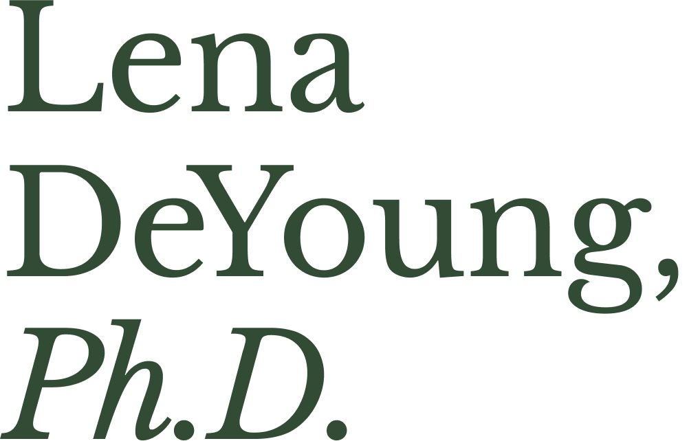 Text reading 'Lena DeYoung, Ph.D.' in dark green serif font on white background.