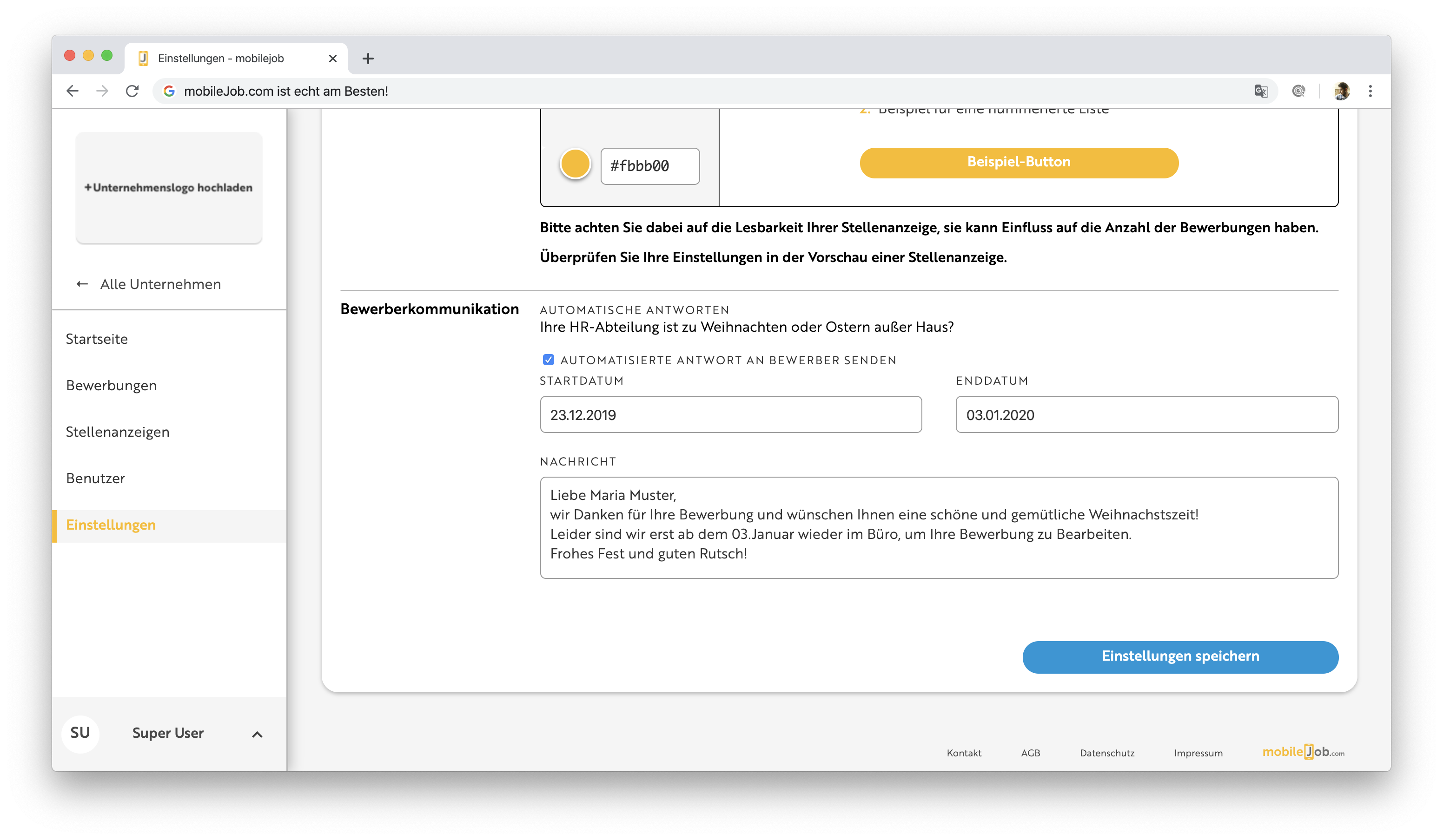 Autoreply-Einstellung im mobileJob Hiring-Center