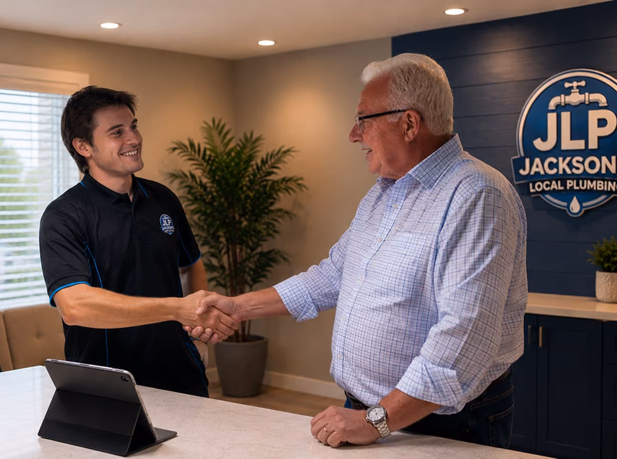 Young plumber in uniform shaking hands with older man in an office with plumbing company logo.