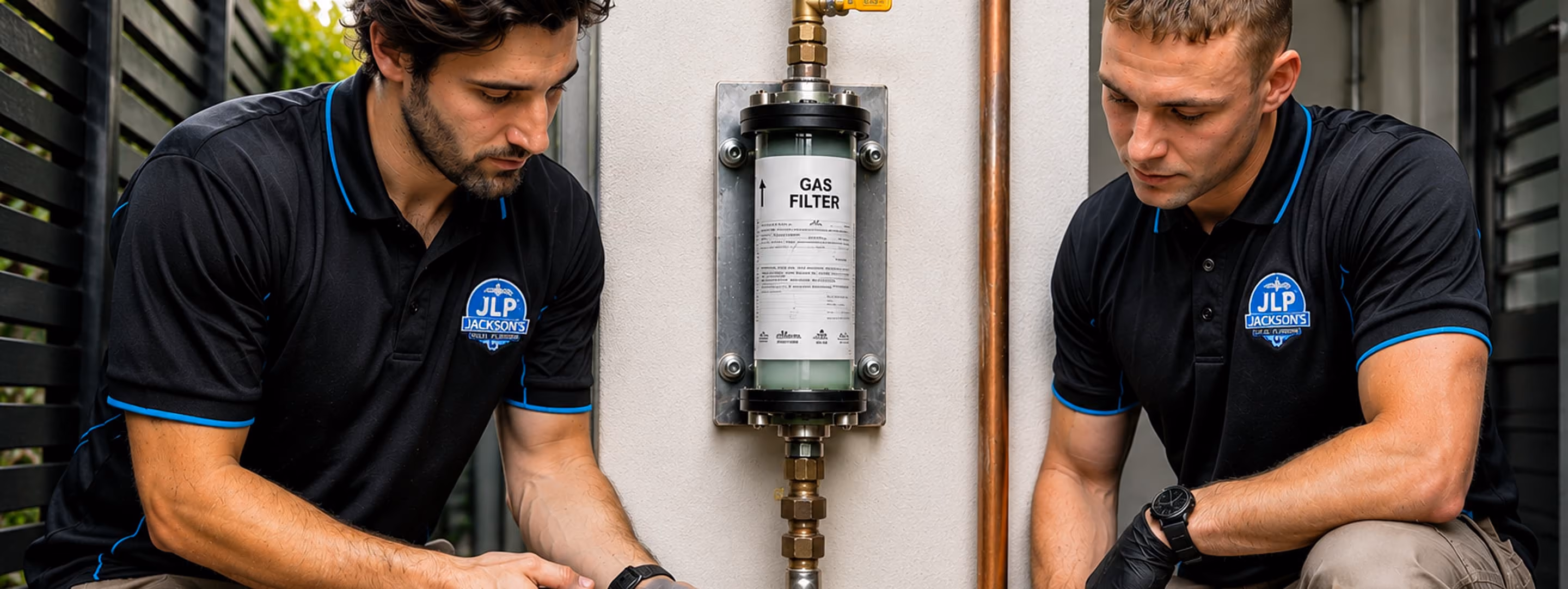 Two technicians in black uniforms inspecting a gas filter mounted on a wall.