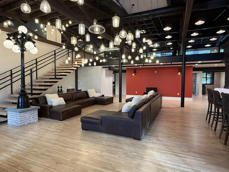 The second-floor mezzanine lounge with restored details