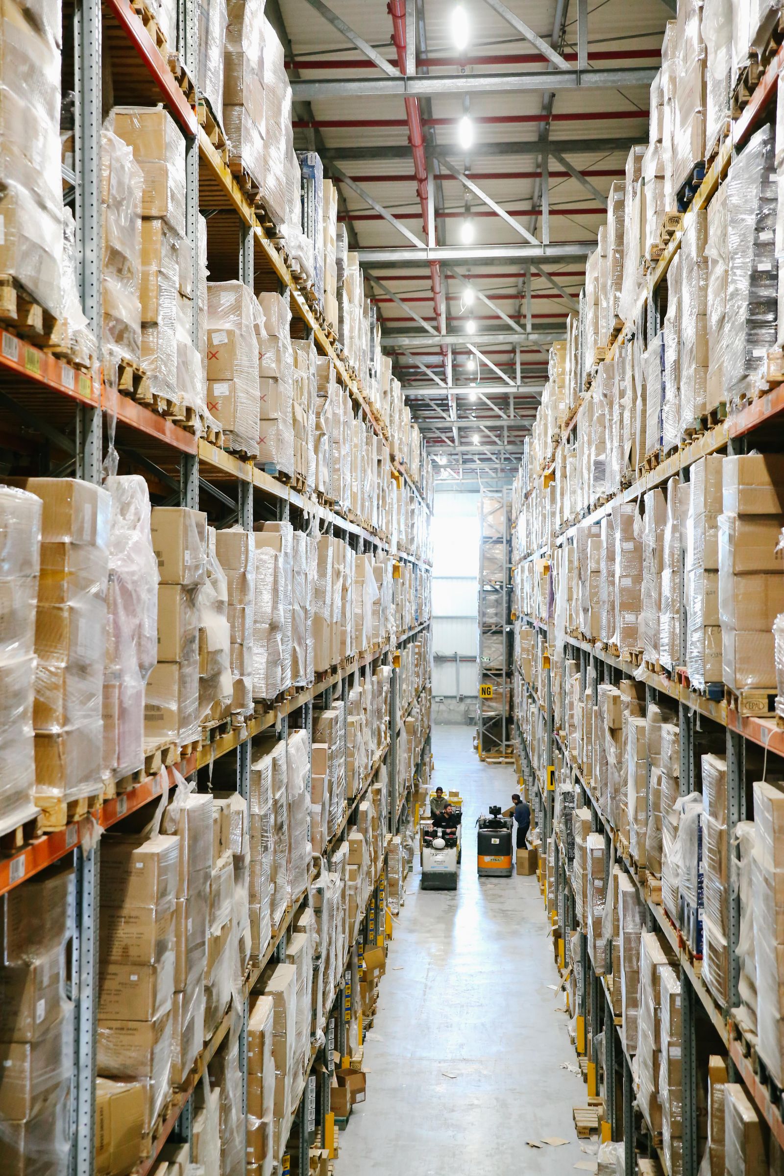 Boxes on shelves inside a pharmaceutical warehouse