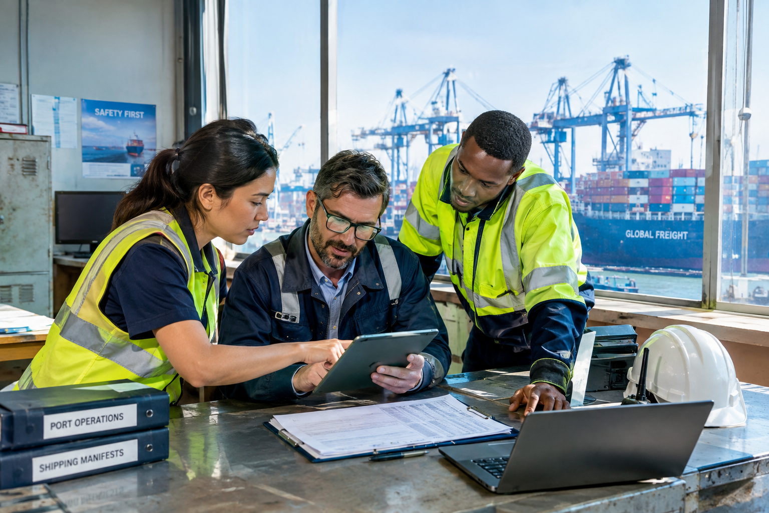 Logistics team coordinating a shipment plan in a meeting