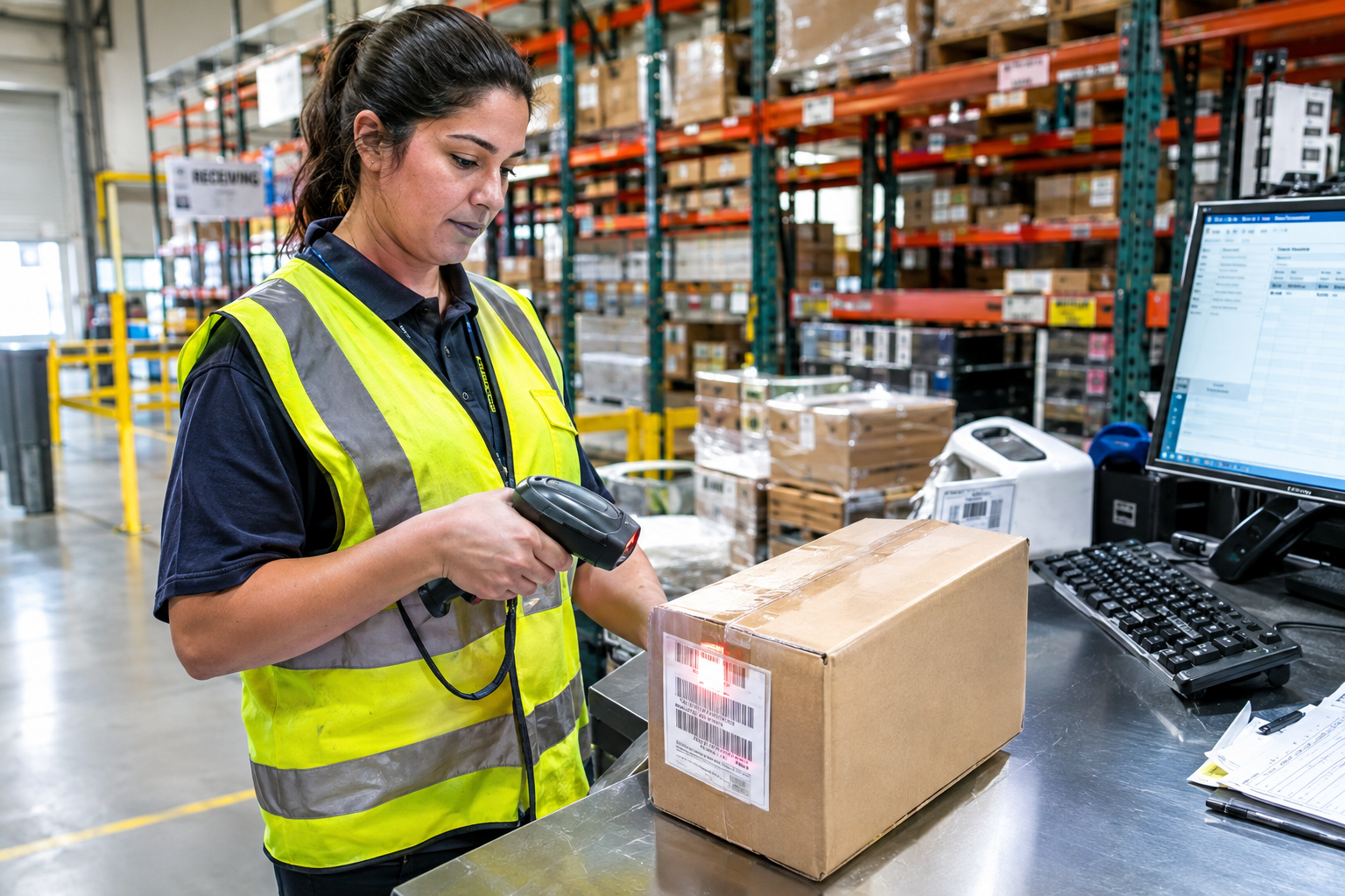 Warehouse worker scanning inventory with a handheld scanner