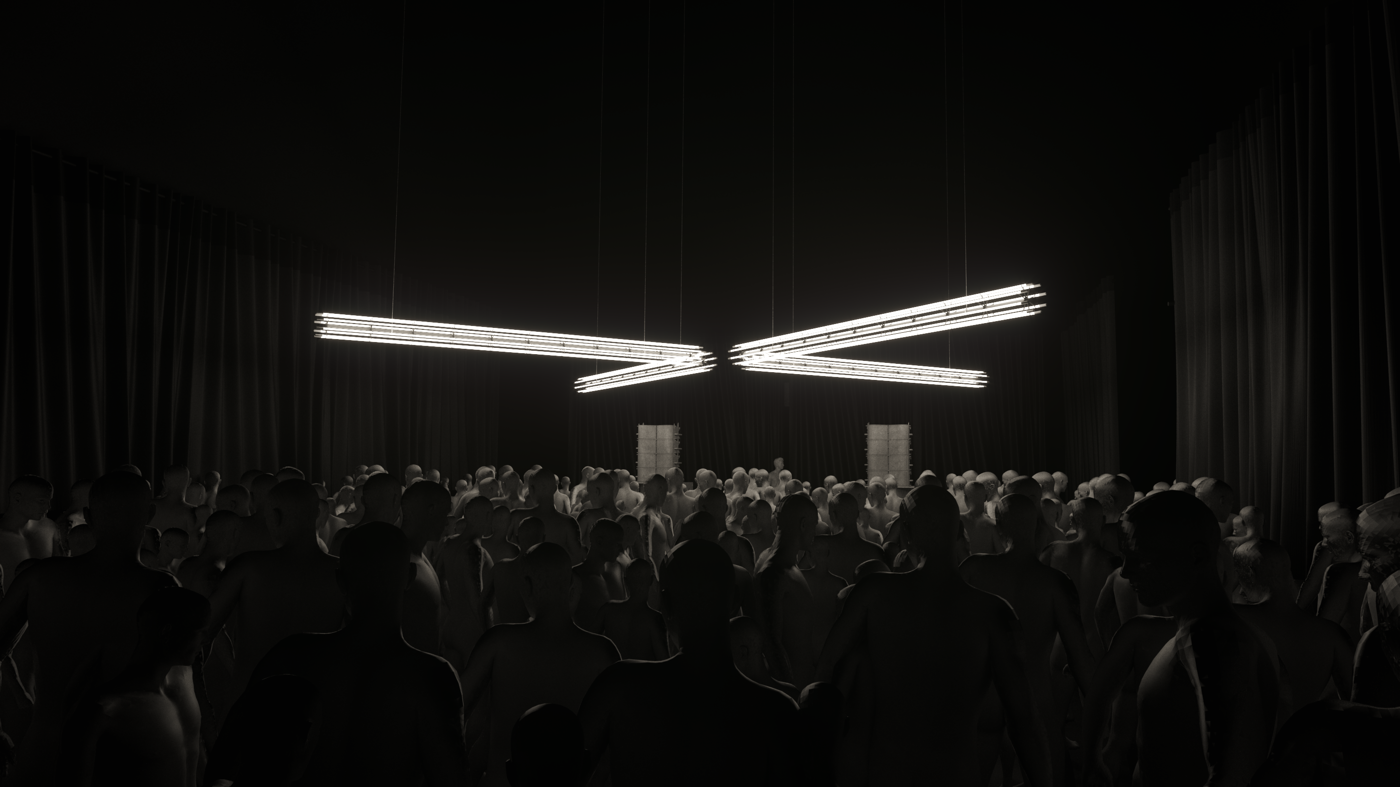 rendu visuel 3d - une foule de personne sous une grande structure lumineuse en croix