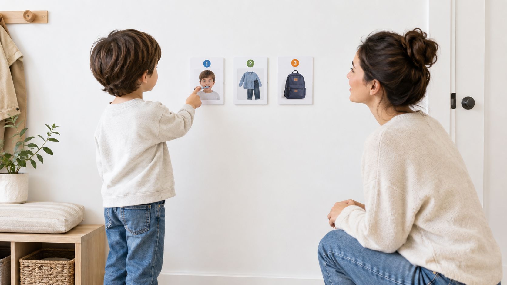 A young boy pointing at a visual schedule while his mother watches in a bright home setting.