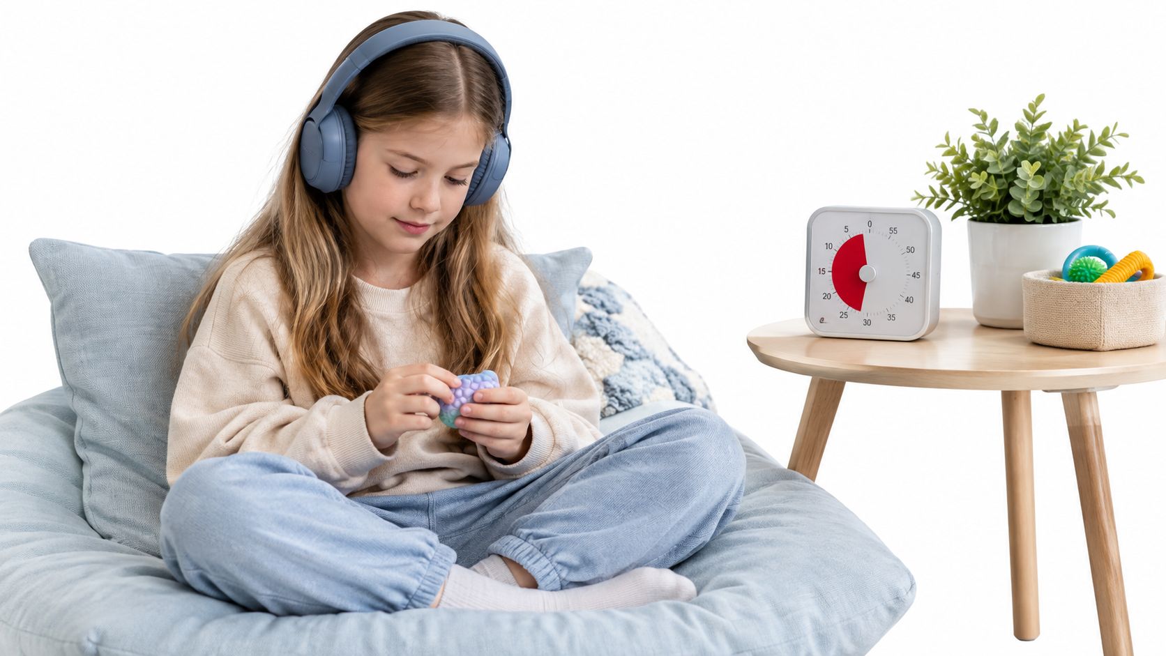A young girl with headphones sits comfortably on a beanbag chair holding a sensory fidget toy.