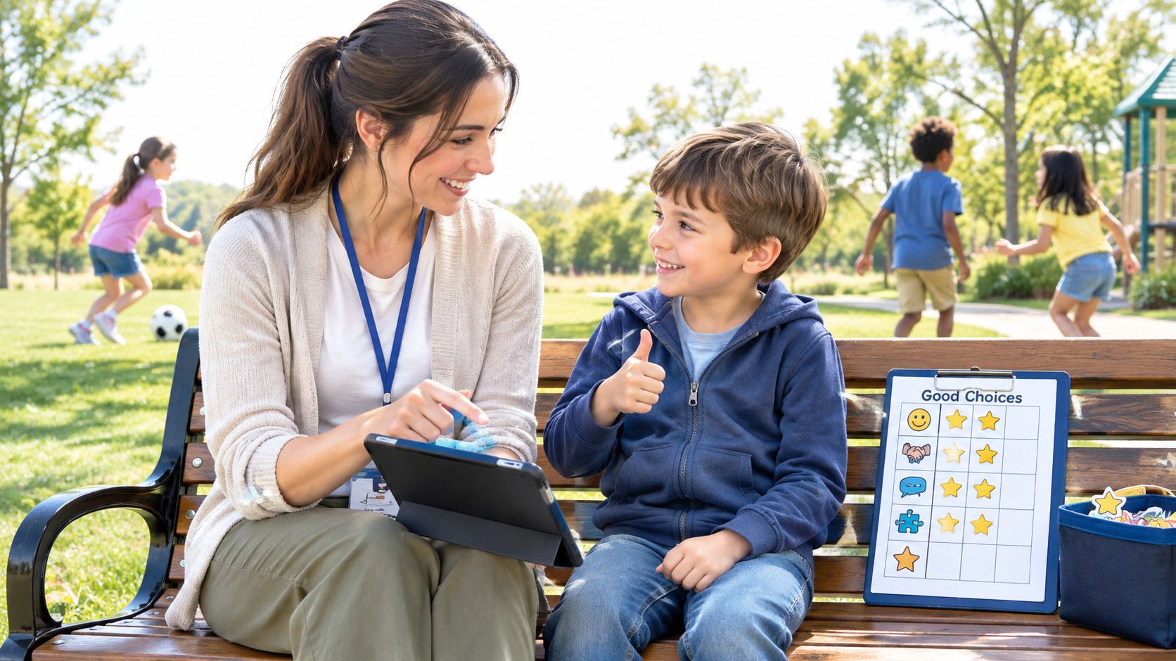 An ABA therapist sits on a park bench reviewing progress on a tablet with a young boy.
