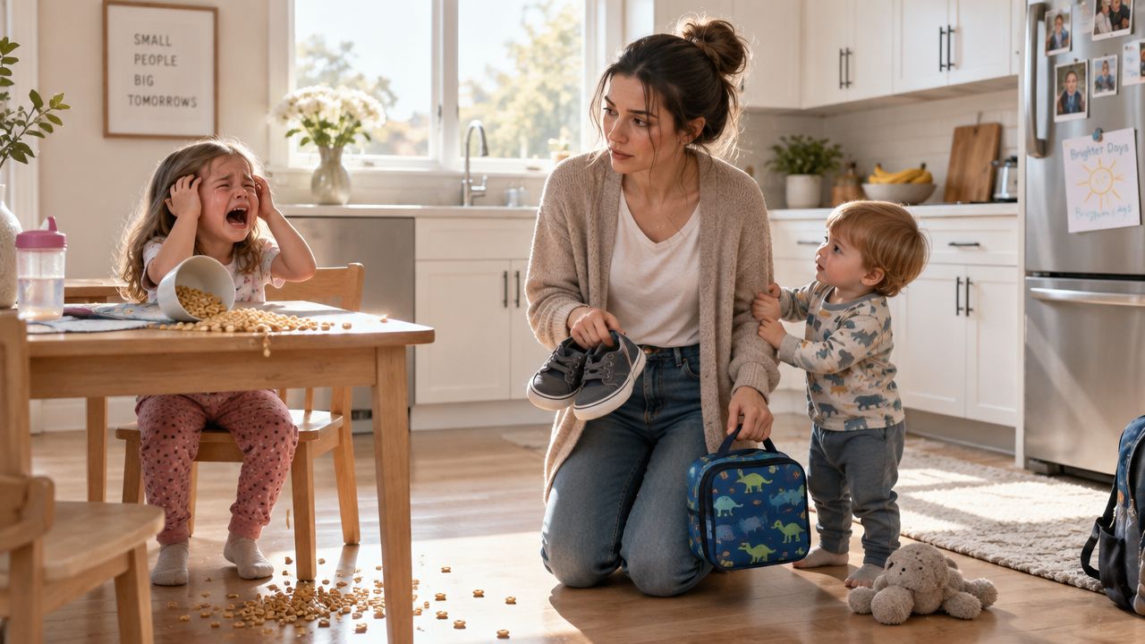 A distressed mother kneeling on her kitchen floor holding shoes while her two young children act up.