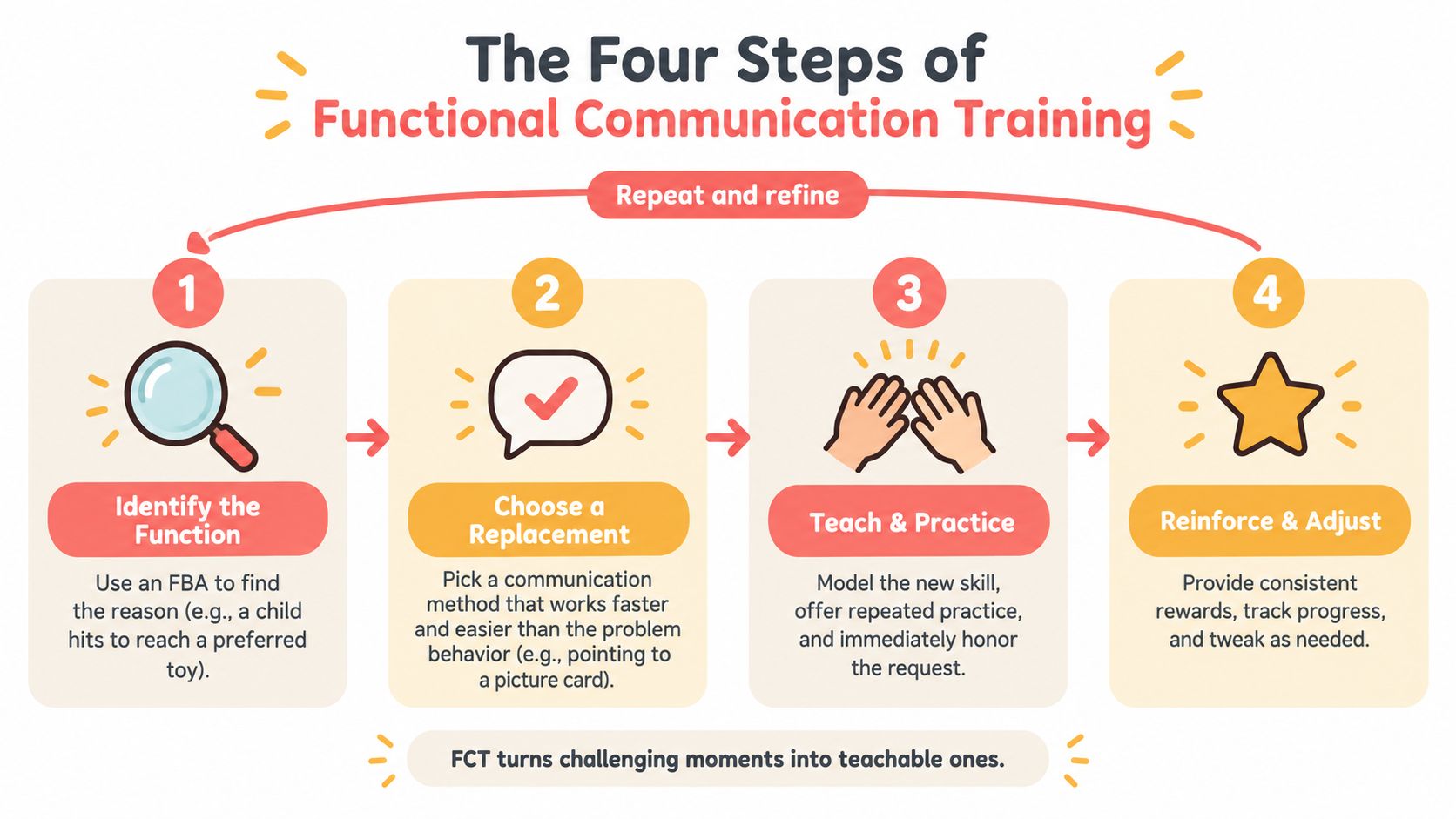 An infographic titled The Four Steps of Functional Communication Training, outlining steps for behavior management and intervention.