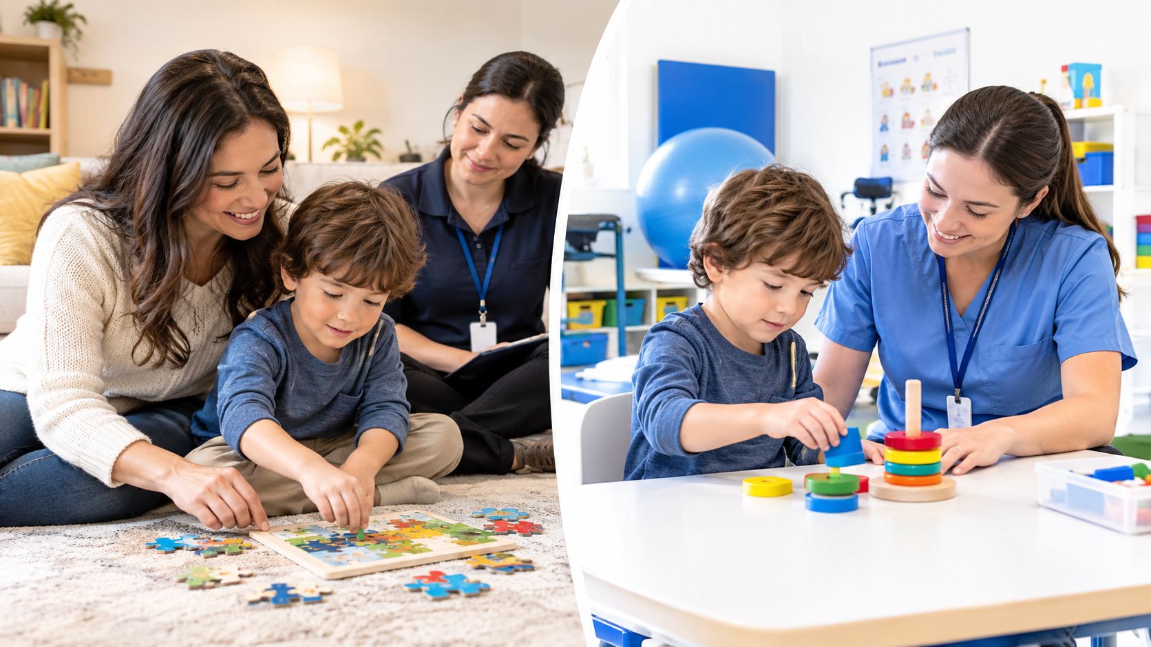 A professional therapist works with a young boy on cognitive development through play and educational activities.