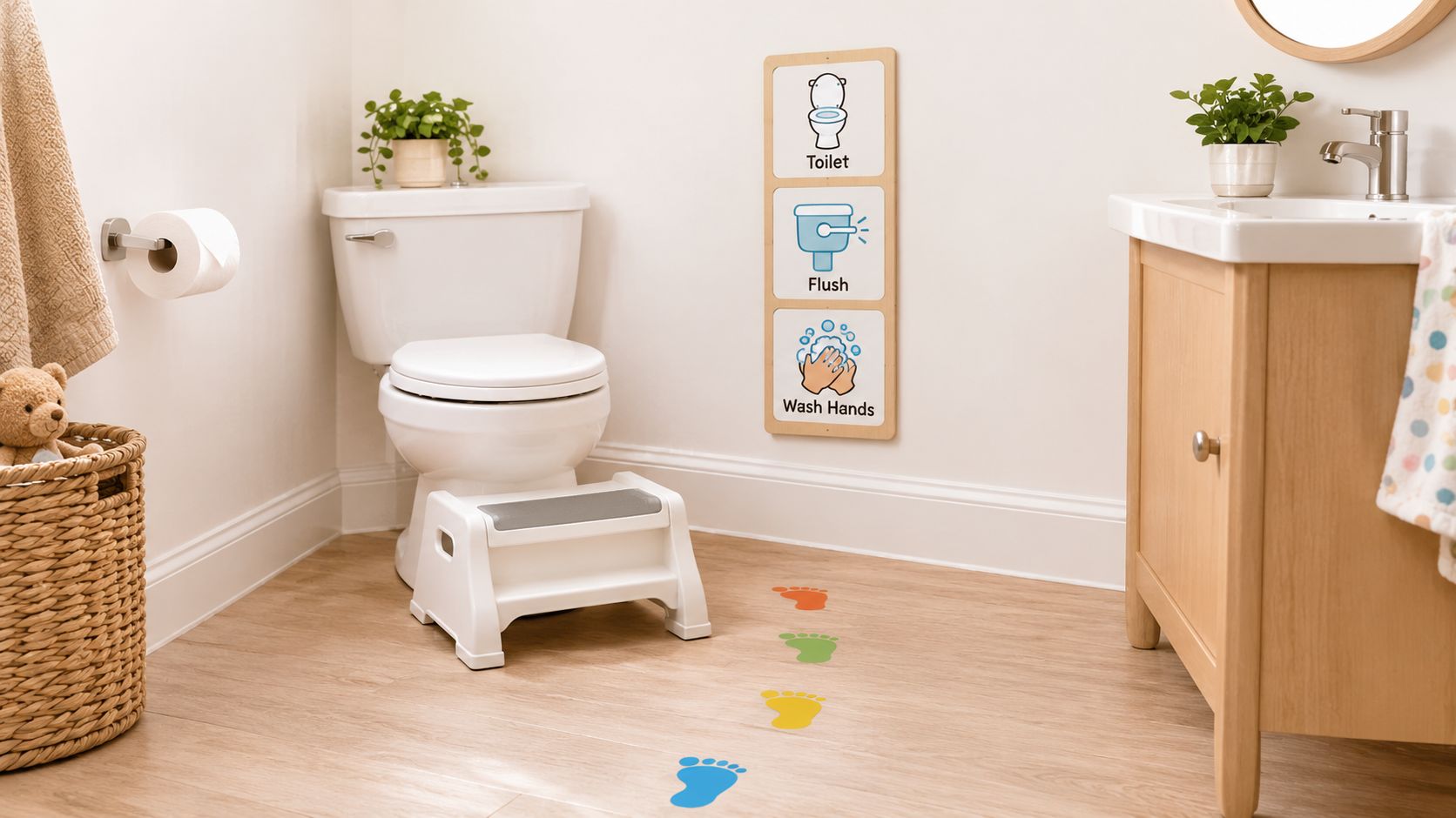 A child-friendly bathroom featuring a step stool, toilet, and a visual schedule for bathroom routines on the wall.