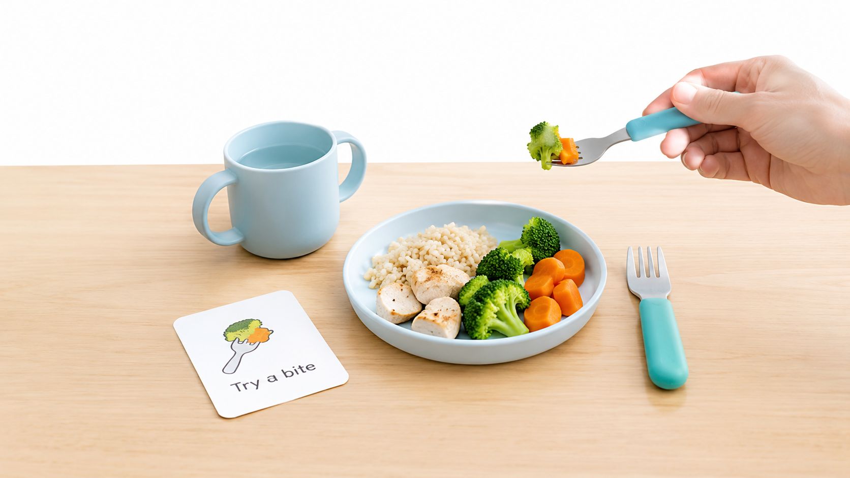 A light blue toddler dish set with broccoli, carrots, and grains beside a prompt card for feeding.