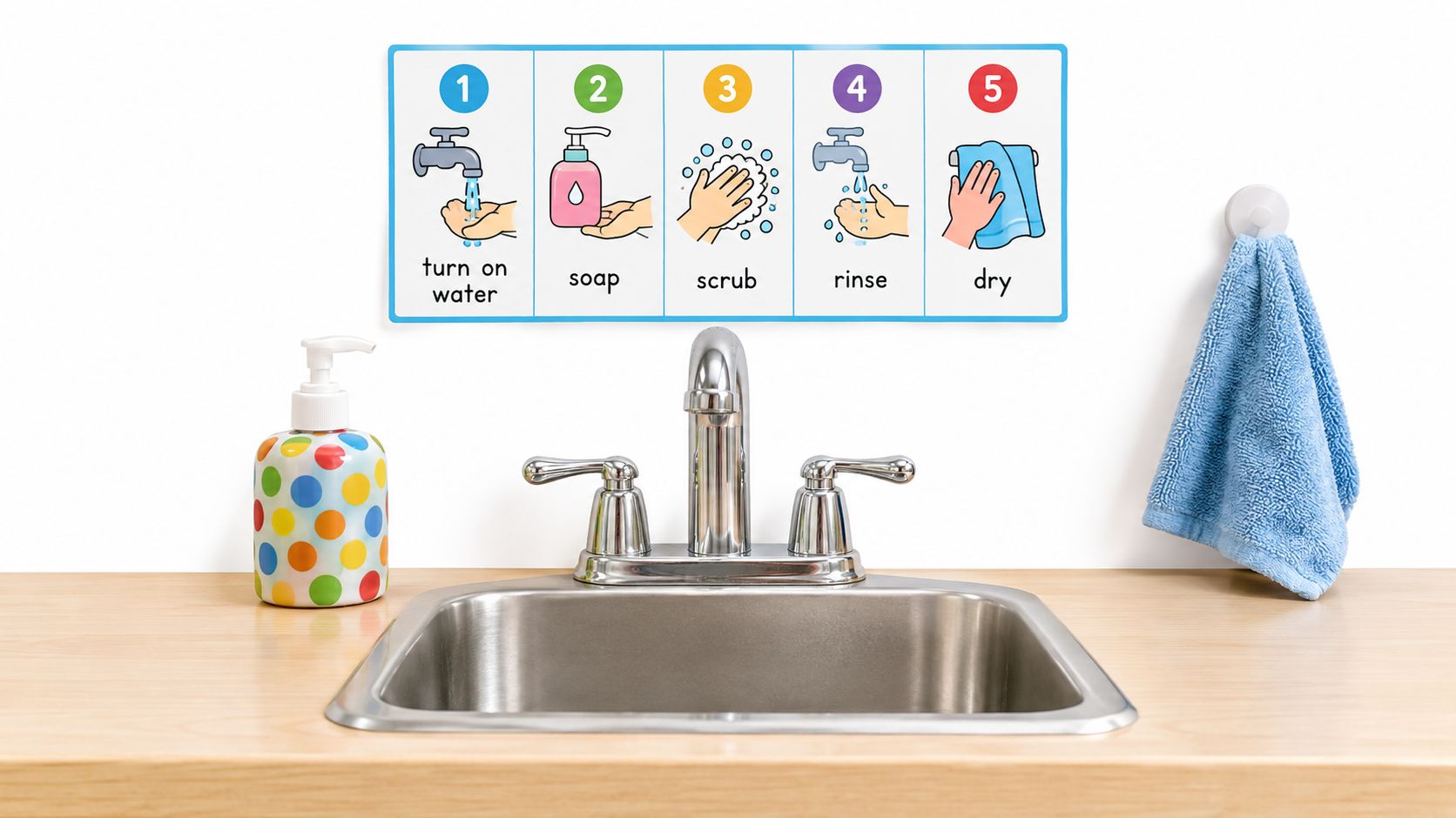 A sink with a handwashing instruction chart above it, featuring steps to clean hands properly.