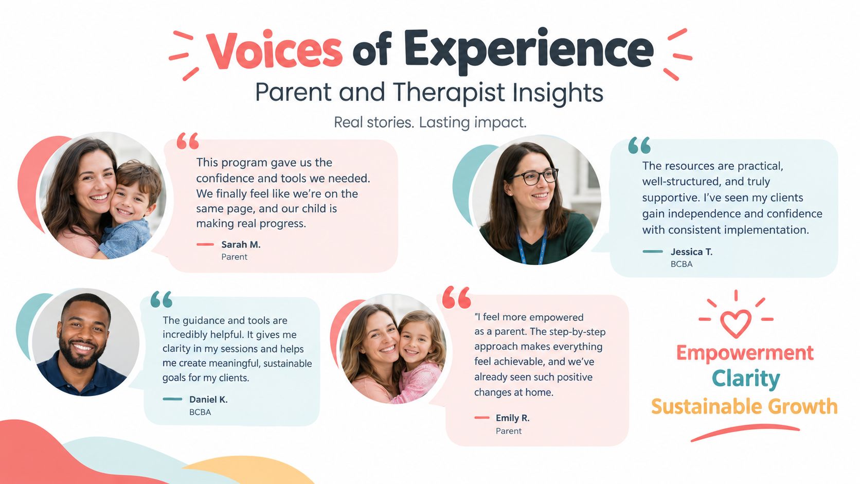 Testimonials from parents and therapists sharing their positive experiences with the social skills training program.