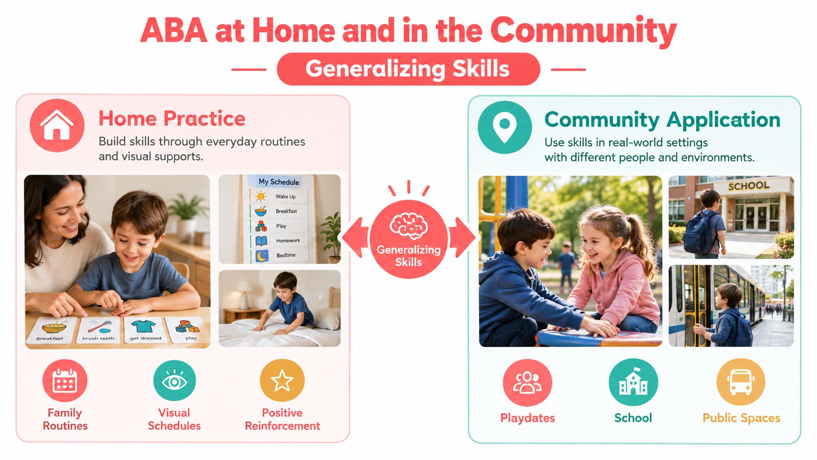 An infographic illustrating how to generalize ABA skills from home routines to various community settings.