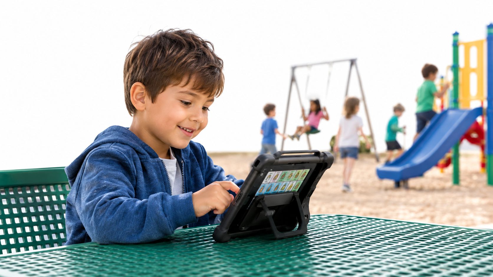 A young smiling boy sitting at an outdoor table while using a tablet for communication.